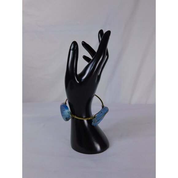 Handmade Bangle Bracelet Wire Wrapped Gold Tone Boho Statement Agate Jewelry - Picture 1 of 7